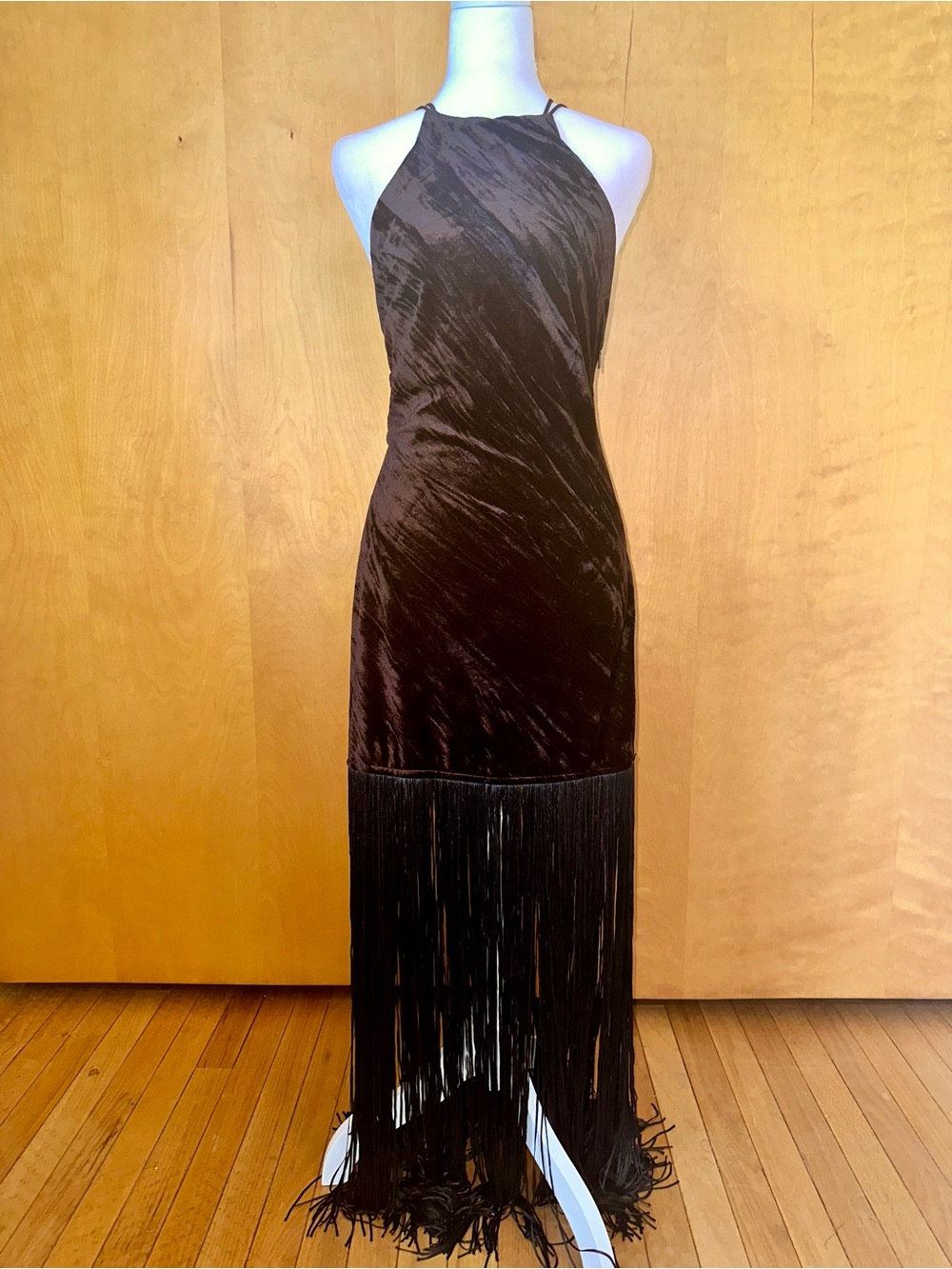 Sleeveless Brown Velvet Black Fringe Halter Dress